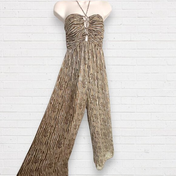 LUSH Sleeveless Jumper Jumpsuit Pants  Romper Olive Green Mustard Gold Palazzo S - Picture 7 of 11